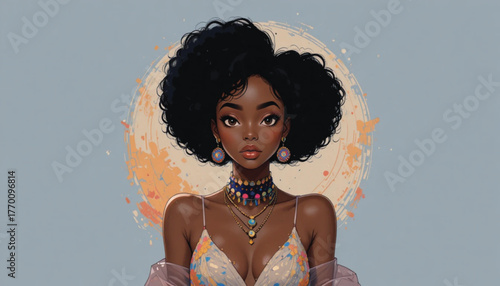 Stylized Portrait of African Woman in Boho-Chic Outfit, Trendy Flat Vector Illustration.