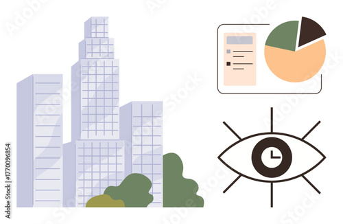 Skyscrapers, data visualization with pie chart and checklist, eye with clock. Ideal for business growth, strategy, planning, analytics, time management urban economy decision-making. Clean flat