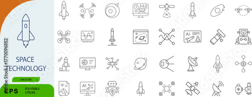 Space technology icon set. Editable vector illustration of rockets, satellites, and exploration tools. EPS aerospace line pack