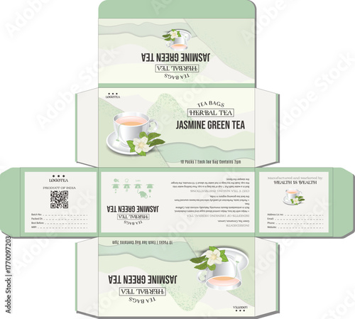 Elegant packaging design for jasmine green herbal tea box with floral accents and clean typography