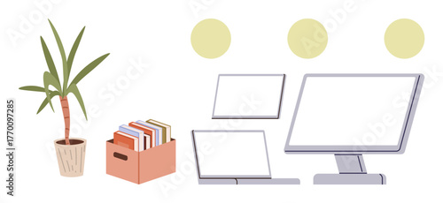 Modern workspace featuring a desktop monitor, two laptops, a box with books, and a potted plant. Three light-yellow circles above highlight a neat layout. Ideal for workplace, remote work