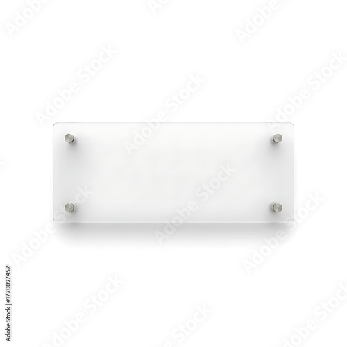 Blank rectangular frosted acrylic sign secured by metallic silver standoffs isolated on white background