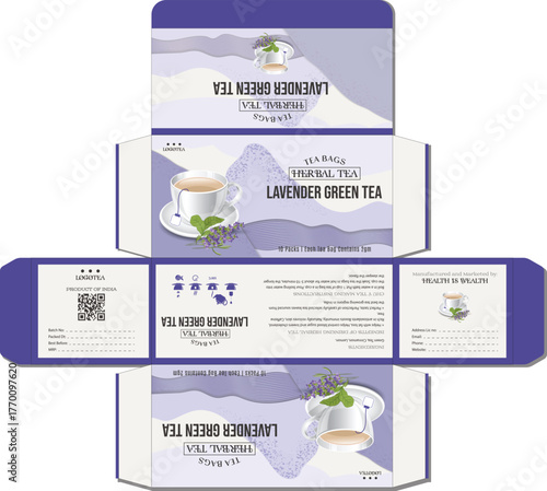 Elegant packaging design for lavender green tea featuring floral elements and natural color palette