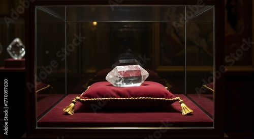 Close-up of a large, clear, cut crystal diamond displayed on a red velvet pillow within a glass display case, showcasing the gem's brilliance and luxury, highlighting its value.