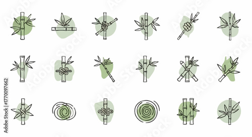 Collection of stylized bamboo icons with green watercolor splashes, perfect for nature and wellness themes