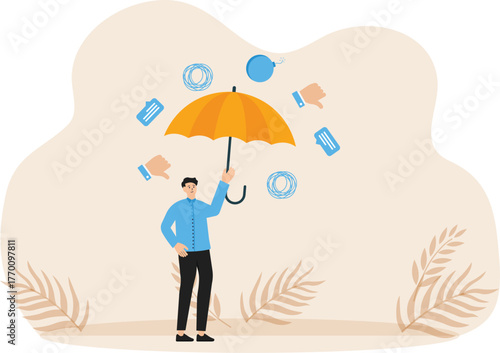 Business criticism and negative feedback for mistakes, failure or embarrassing mistakes, businessman holding umbrella to protect from negative feedback.
