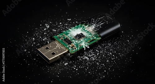 Damaged USB Flash Drive Showing Cracked Circuit Board and Glass Fragments on a Black Surface, Representing Data Loss, Corruption, or Security Breach, Close-Up.