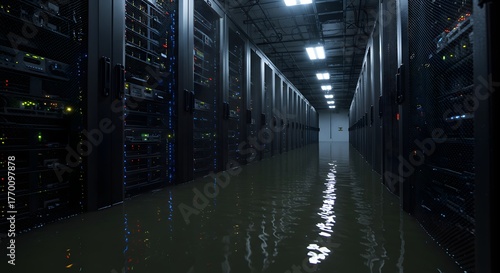 Flooded Data Center: Server Room Infested with Water, Illustrating Data Loss and IT Infrastructure Damage, Disaster Recovery Concept, Water Damage, Technology Failure