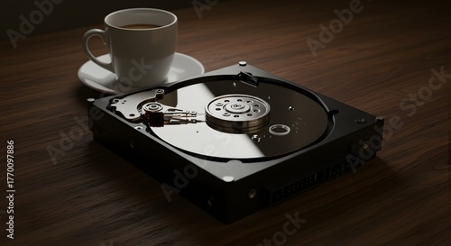 Close-up of a disassembled hard drive with a coffee cup on a wooden surface, showcasing data storage, technology, and concept of digital information, data backup, and information security.