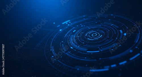 Abstract digital technology background with circular elements, futuristic design, data visualization, connection concept, communication, cyber security, network, innovation, and modern technology.