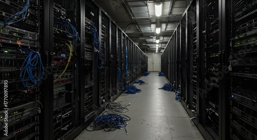 Data Center Server Room Interior: Rows of Server Racks with Network Cables, Data Storage and Processing Infrastructure, Modern Technology, Cloud Computing, Data Security, and Network Administration.