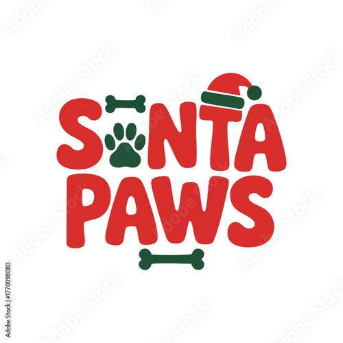 Santa Paws Flat Vector Typography Badge with Paw Print and Santa Hat on White Background
