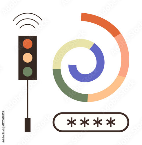 Traffic light with signal waves, circular loading bar, and password with asterisks. Ideal for security, technology, connection, data processing, user authentication, safety and digital progress