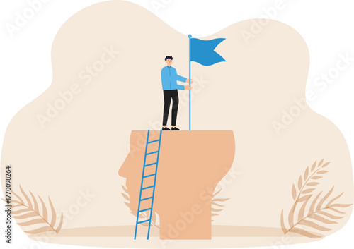 Career growth and development for success, mentor or inspiration for success in work or business success mindset, businessman above placing red flag for business goals symbol.
