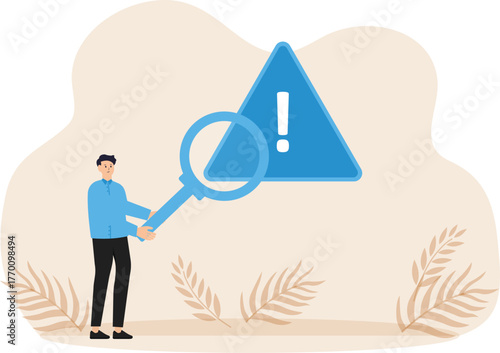 Problem identification and root cause analysis and problem solving, identifying risk or critical failure concept, businessman with magnifying glass and investigating incident with exclamation mark.
