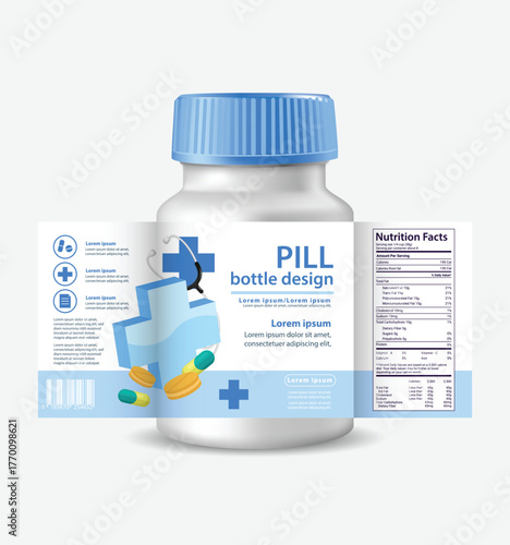 Professional vector design template for pharmaceutical bottles featuring vibrant colors and clear typography for medication and supplement packaging
