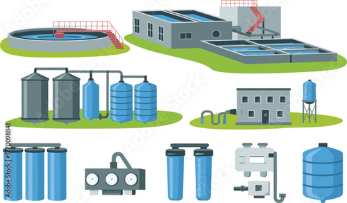Water treatment plant illustration, wastewater purification system diagram, clean water filtration process, industrial facility design, environmental engineering concept art