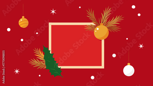 Christmas themed background with frame and ornaments on red surface