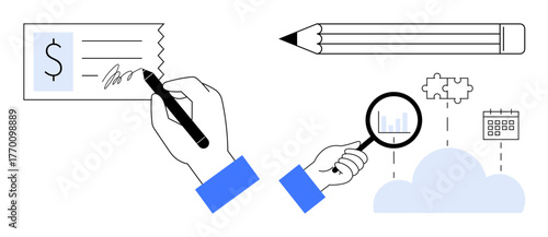 Hand signing a check, magnifying glass analyzing data, pencil, calendar, puzzle pieces, and cloud connection. Ideal for finance, analytics, teamwork cloud computing organization efficiency