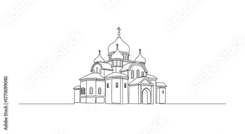 Orthodox church with onion domes in minimalist line art style