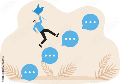 Effective advice or feedback to motivate success and comments opinions for career, help or communication to support employees, businessman jumps on speech bubble advice to success.

