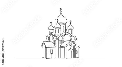 Orthodox church with onion domes in line art style