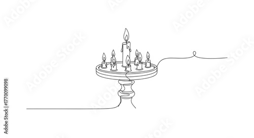 Hanukkah menorah with lit candles in minimalist line art style