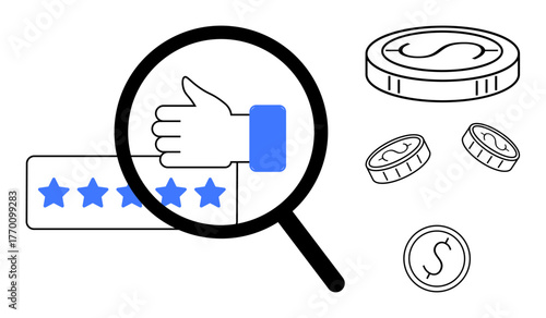 Magnifying glass highlights thumbs-up and 5-star rating alongside coins symbolizing customer satisfaction, review insights, and financial growth. Ideal for feedback, quality, income, business impact