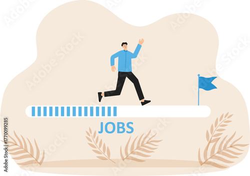 Looking for a new job and employment for career or job search, looking for a job vacancy or position, businessman climbing up the job search bar with binoculars to see opportunities.

