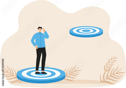 Challenging higher achievement or target and way forward or next level, business goal or aspiration, successful entrepreneur climbing ladder of goal achievement and looking for the next bigger step.
