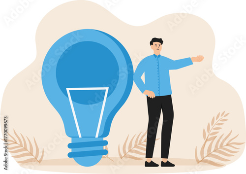 Business idea and standing near a big light bulb. generation of innovative ideas and creative thinking, creativity and imagination concept
