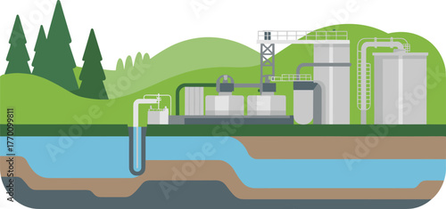 Flat minimalist illustration of water treatment plant and underground pipeline system, clean environmental technology design, eco friendly purification process