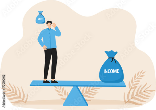 Debt burden and financial obligations or loan repayments. Balance between income and liabilities. Asset or income management. Businessman carrying debt on seesaw. vector illustration.
