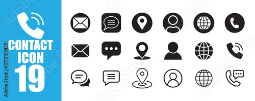 Black and White Communication and Contact Details Icon Set