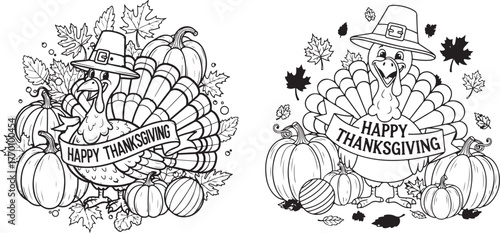 Collection of thanksgiving day silhouettes featuring traditional autumn elements and festive icons