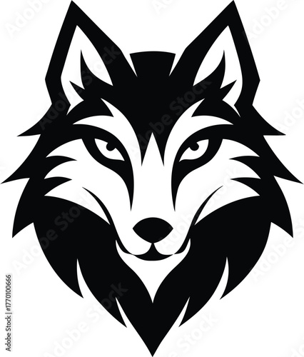 Tribal style wolf head emblem on white background