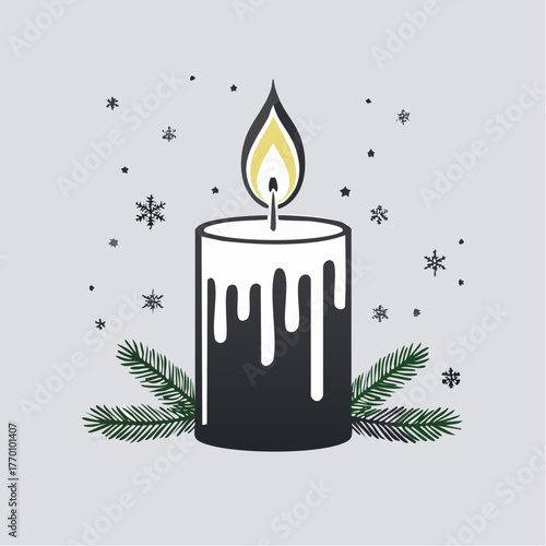 Festive illustration of a burning candle with melting wax, surrounded by pine needles and falling snowflakes, on a light grey background.