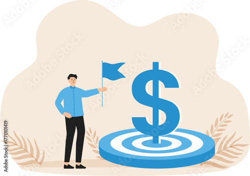 Reaching financial goal winner flag over dollar money target, successful investment or making money winning wealth and saving goal or achievement concept.
