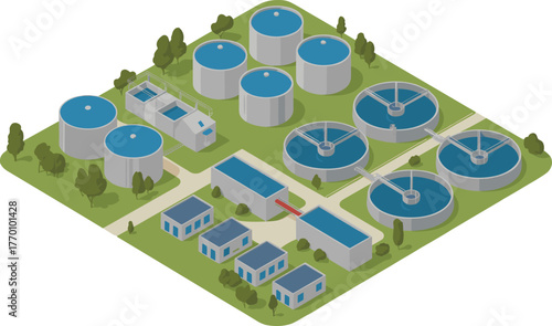 Isometric 3D illustration of modern water treatment plant, industrial purification tanks and filtration system, clean water process facility design