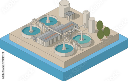 Isometric 3D illustration of modern water treatment plant, wastewater purification facility with tanks, filtration system, clean technology, and environment