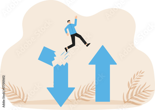 Financial Plan and saving and investment or stock market rebound and economic recovery concept, businessman jumping from red arrow pointing to green.
