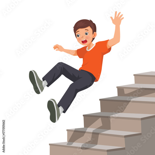 Young man falling down the stairs having accident slips on the staircase