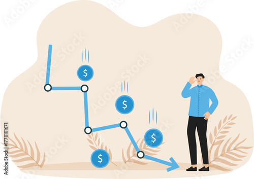 Financial crisis and risky investment strategy, sudden stock market crash and loss of money, devaluation of capital bad economic situation, Businessman broke due to falling arrow chart
