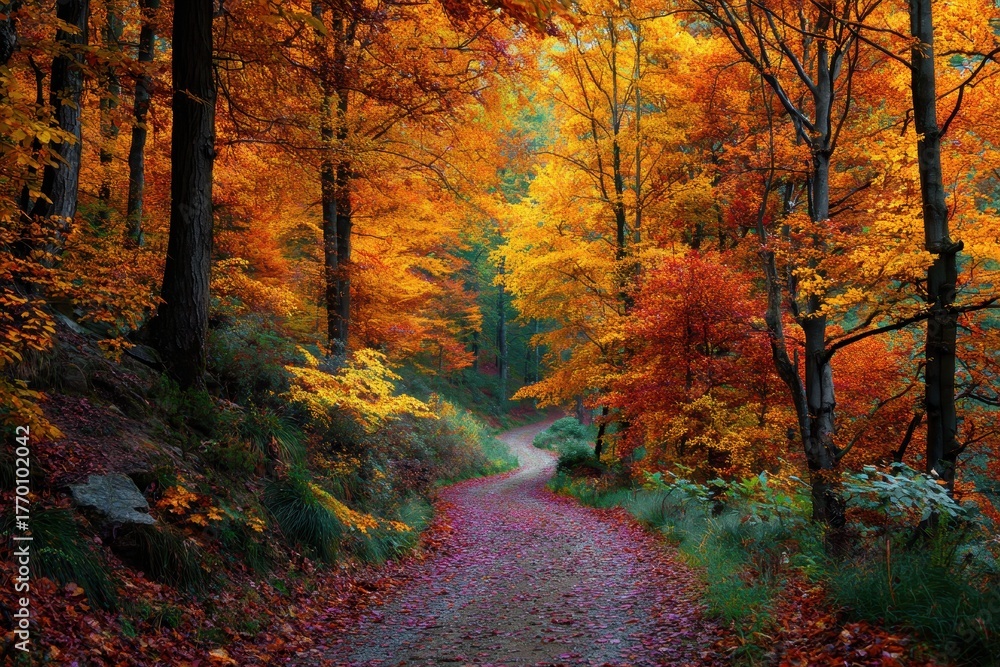 Obraz premium Vibrant autumn foliage creates a stunning natural pathway in a serene forest setting during the peak fall season