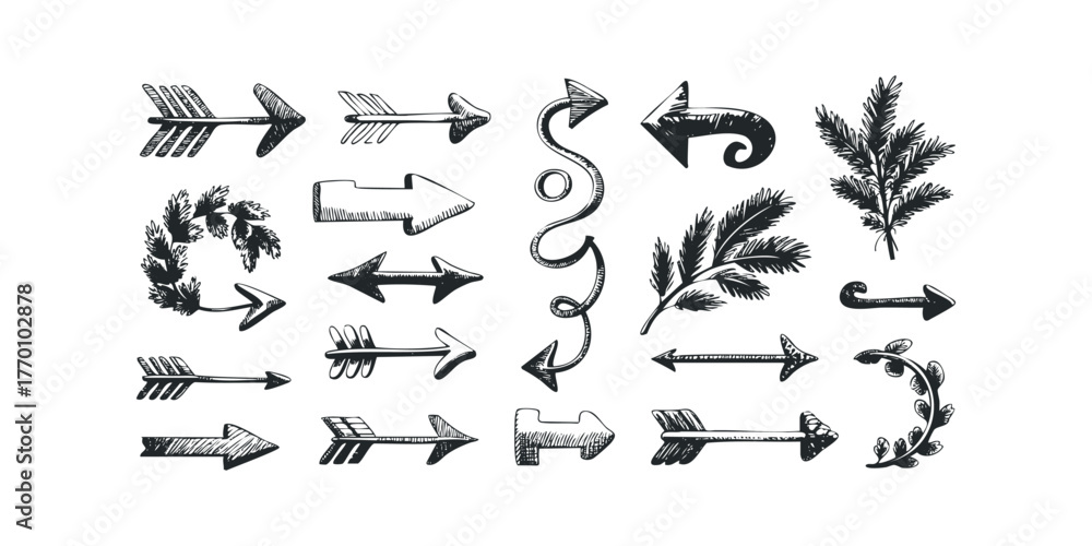 Naklejka premium Collection of Hand Drawn Arrows and Leaf Sprigs