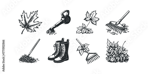 Autumn gardening tools and fallen leaves hand-drawn sketch