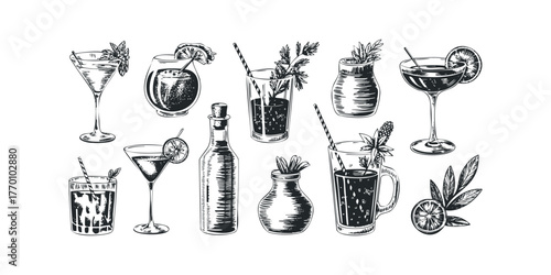 Hand Drawn Collection Of Various Cocktails And Drinks