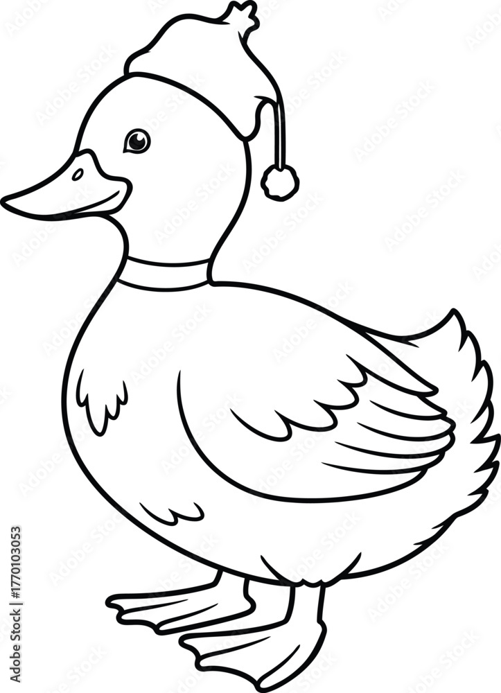 Fototapeta premium Festive Duck in Winter Hat Line Art Illustration