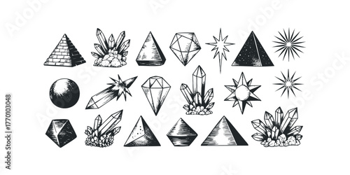 Collection of Geometric and Crystalline Shapes in Sketch Style