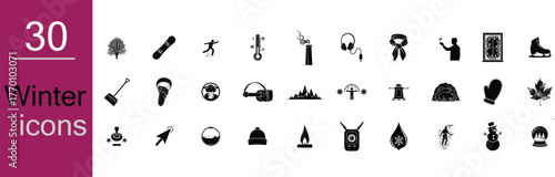 Collection of thirty diverse winter activity and season icons in a clean silhouette style